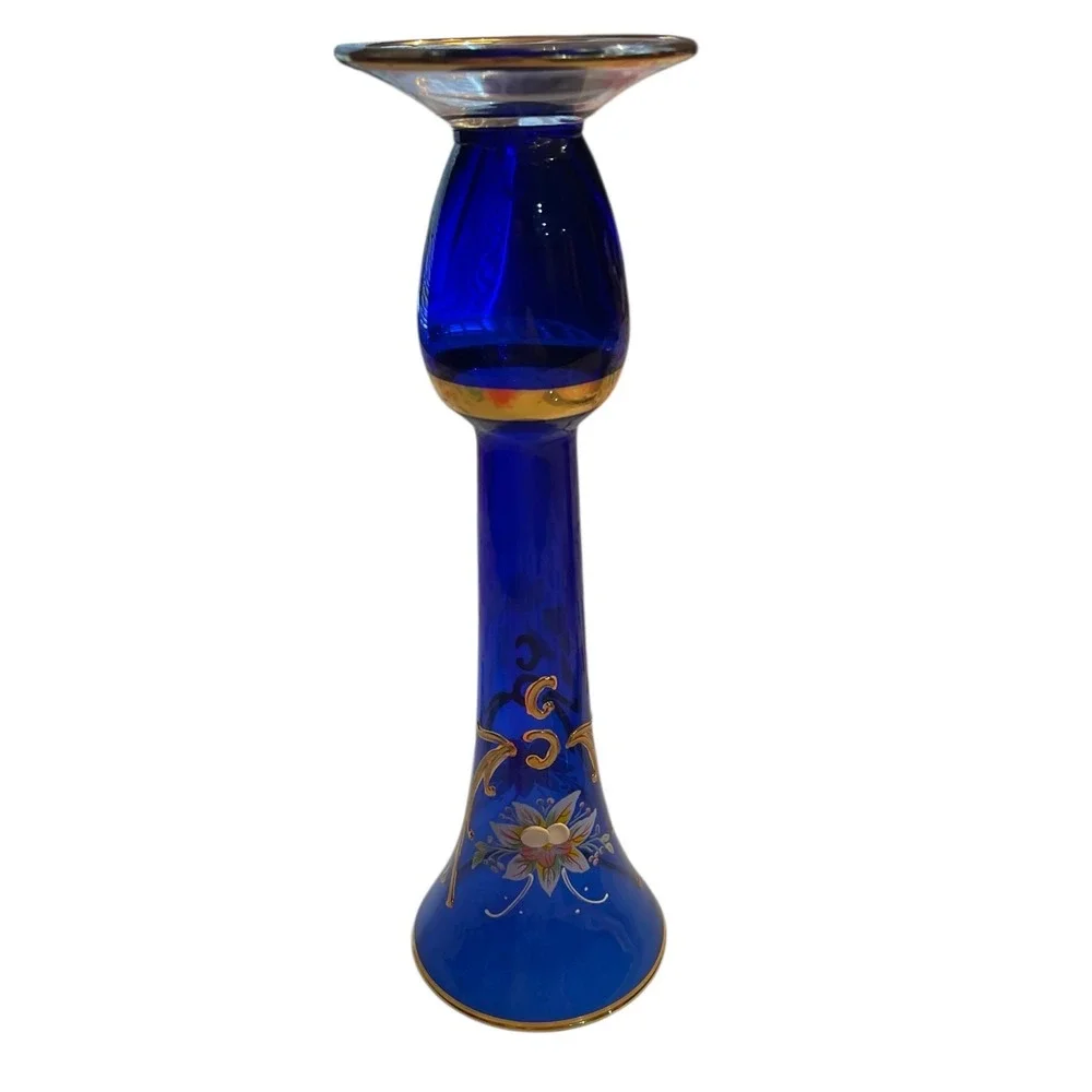 Bohemian Czech Cobalt Blue Art Glass Vase Gold Floral Trumpet 9.75